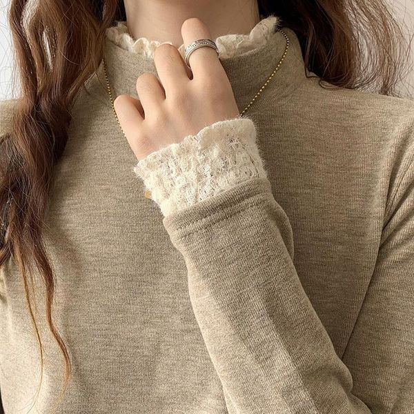 Kadın Sweaters Sonbahar Kış Alt Sweater Gömlek Dantel Yarım-Yüksek Boyun Uzun Kollu T-Shirt Bluz Vintage Boş Zaman Sıcak Tululmalar Üstü