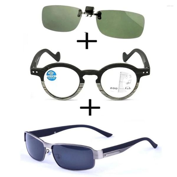 Óculos de sol 3 unidades!!! Óculos de leitura multifocal progressivo para longe e perto para homens e mulheres clipe esportivo polarizado de liga