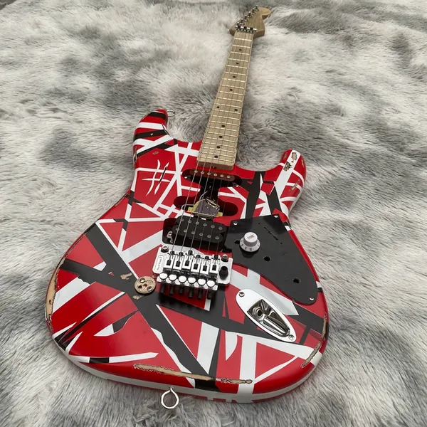 Ağır kalıntı Edward Edward Van Halen Red Franken Stein St Elecal Guitar Black White Stripes, Floyd Rose Tremolo Köprüsü Whammy Bar, Bass Vücut, Akçaağaç Boyun