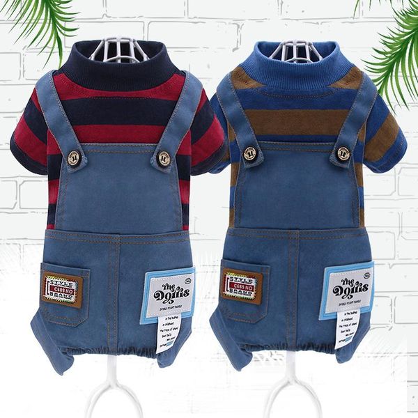 Abbigliamento per cani Abbigliamento Autunno Tuta Strisce Maglietta Pantaloni in denim Cinghie Tute per cani di taglia piccola e media Tute Abbigliamento Cucciolo Tutina