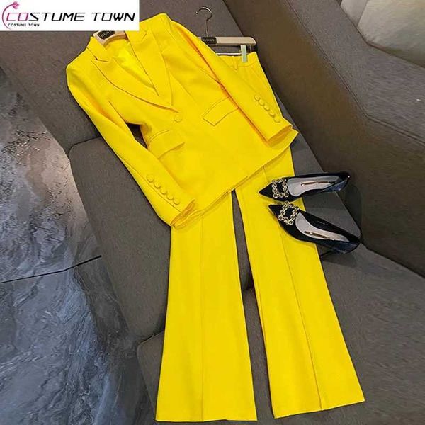 Calças de duas peças femininas botão decoração primavera novo limão amarelo jaqueta blazer perna larga elegante conjunto roupas de escritório