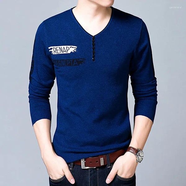 Männer Pullover Männer Casual Pullover 2023 V-ausschnitt Pullover Herbst Slim Fit Langarm Gestrickte Wolle Blau Größe M-3XL