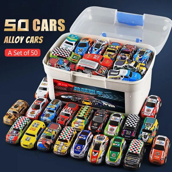 Diecast modelo original 50 pçs mini carro brinquedo puxar para trás com caixa mapa inércia veículo kit para crianças meninos coleção presente 231007