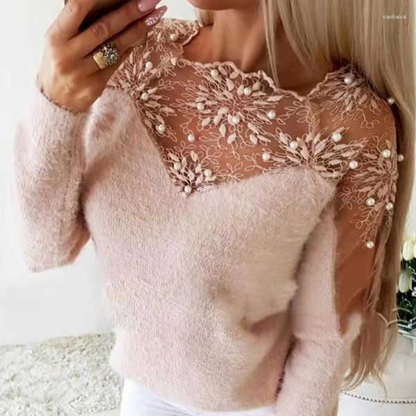 Damenpullover 2023 Blumenmuster Nähte Pullover Spitze Mesh Sexy Schlank Strick Warm Langarm Anzug Elegant Winter Vintage Top