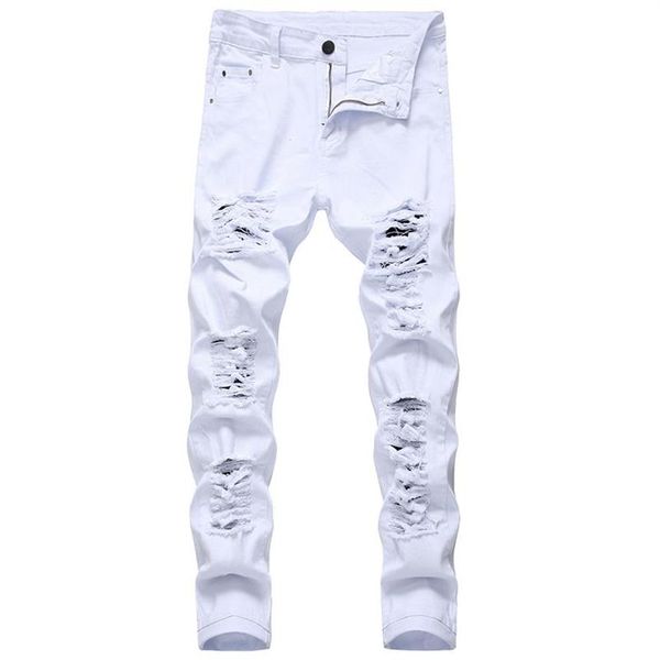 Mens branco preto angustiado buracos jeans skinny comprimento total calças jeans estilo rua Whole280I