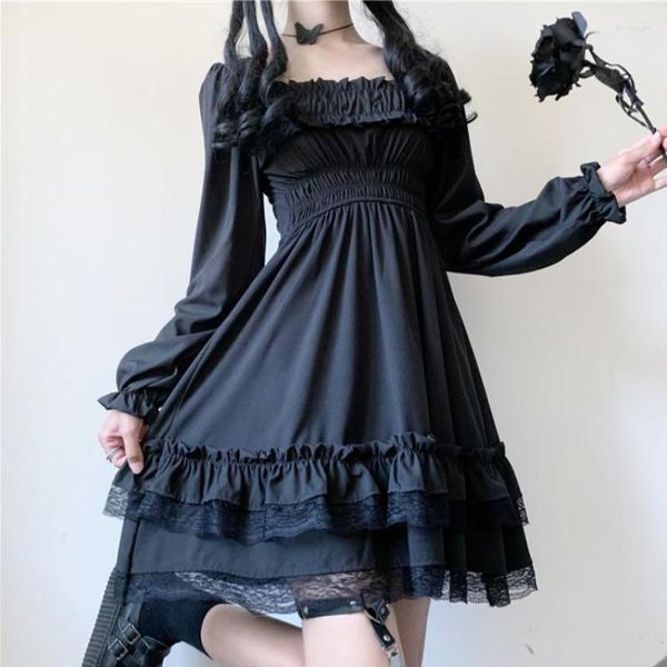 Vestidos casuais mangas bufantes vintage gótico lolita op vestido mulheres preto colar quadrado cintura bandagem princesa menina harajuku mini