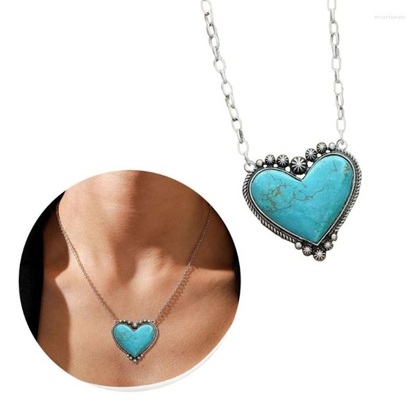 Pingente colares vintage jóias turquesa pedra natural colar coração boêmio declaração para mulheres colar pendente y08e