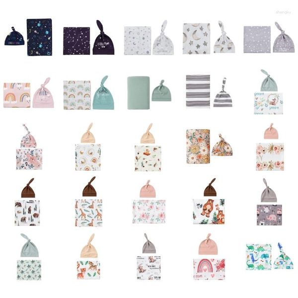 Decken Cartoon Print Born Baby Swaddles Handtuch Empfang Decke mit Beanie Hut Babys Pografie Requisiten Säuglingszubehör