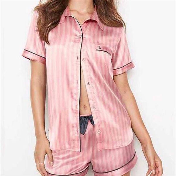 Conjuntos de pijamas de 2 piezas de color rosa, pijama a rayas de seda sintética, ropa de dormir para primavera y verano, ropa de casa 210809253W