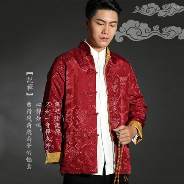 Giacche da uomo 2023 Primavera Uomo Stile Cina Stampa vestito di linguetta Giacca con bottoni a rana Orientale Tai Chi Asiatico Cinese Top Coat