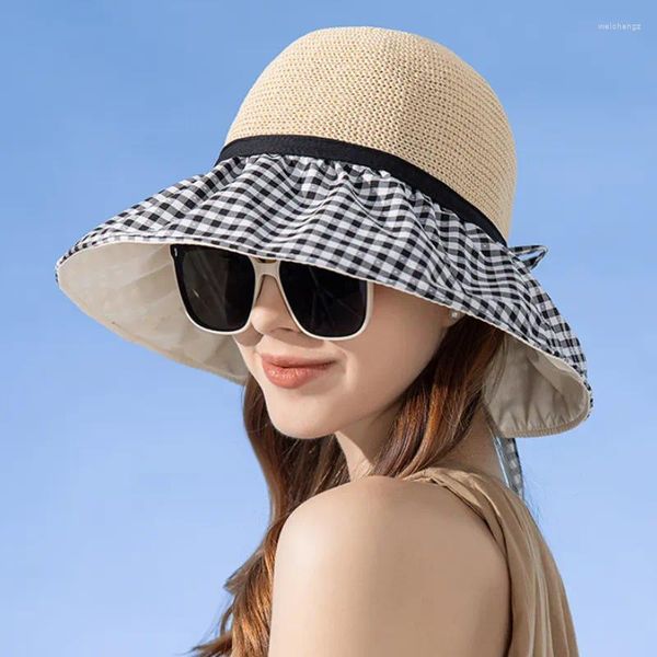 Berretti Cappello da pescatore estivo traspirante Donna Stampa a quadri Maglia di cotone Luce solare Elegante donna con lacci Fiocco a tesa larga Spiaggia