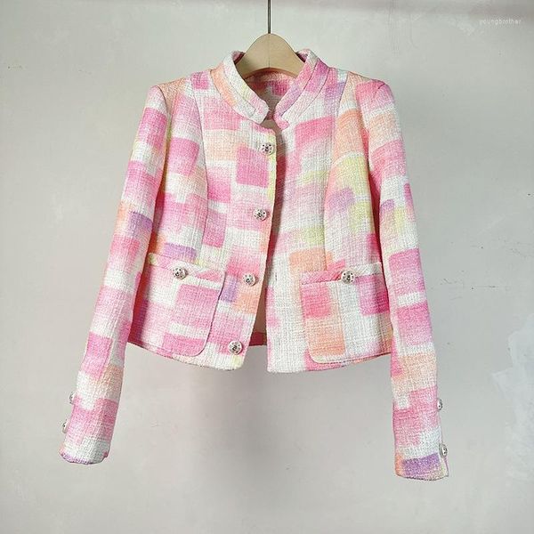 Jaquetas femininas rosa xadrez lã mistura casacos 2023 designer de luxo roupas de inverno mulheres elegante único breasted curto tweed jaqueta feminina