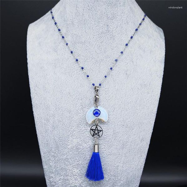 Collane con ciondolo Pietra di luna Acciaio inossidabile Wicca Luna Pentagramma Collana con nappa Colore argento Gioielli Collares Grandes N20371S08S08S08