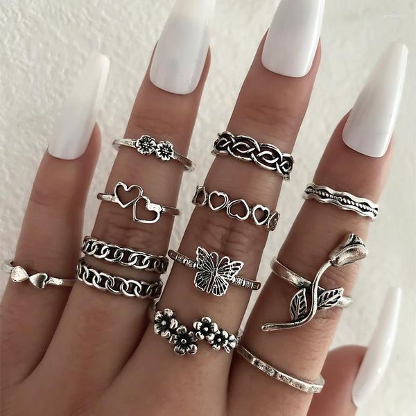 Cluster Ringe 11 Teile/satz Männer Frauen Hohl Liebe Rose Ring Schmetterling Blume Wellenmuster Linie Wicklung Set Reise Zubehör Souvenirs