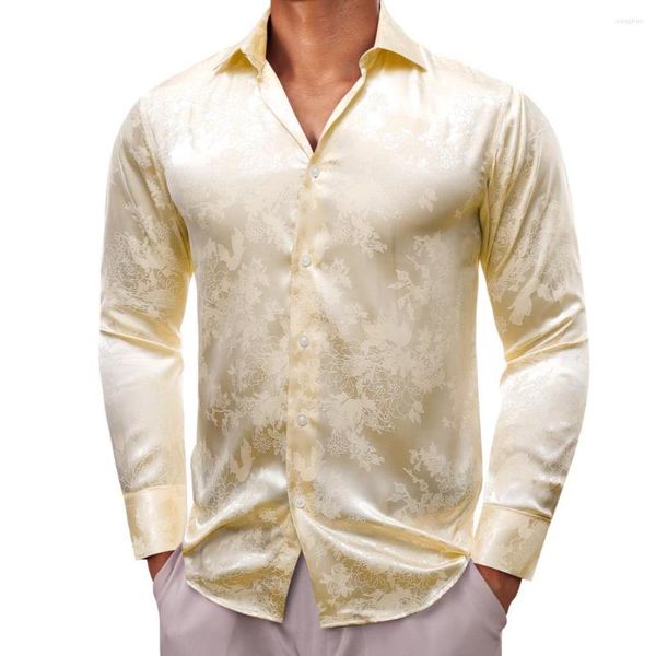 Camicie casual da uomo di lusso per uomo in raso di seta fiore giallo manica lunga slim fit camicette maschili colletto trun top abbigliamento traspirante