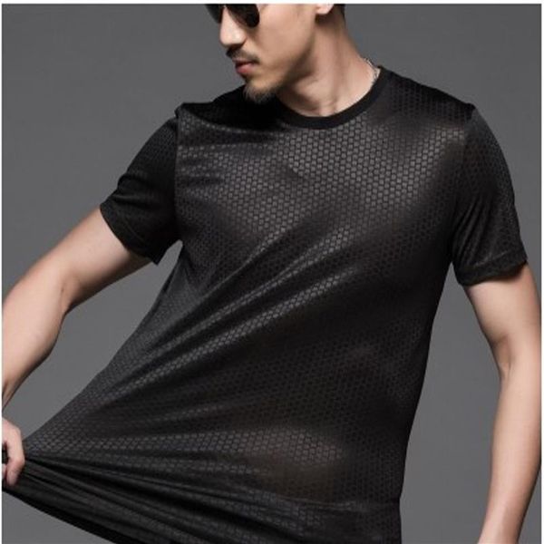 Sommer Herren Rundhals bedrucktes Top Kurzarm T-Shirt Plaid Große Größe Hochelastische Eisseide Sexy Atmungsaktiv Hohl Botto3331