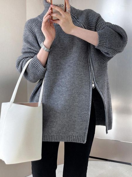 Suéter feminino elegante com zíper suéter de gola alta coreano 2023 inverno mulheres manga comprida de alta qualidade preto pulôver de malha lindo top