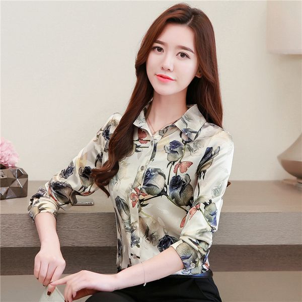 Rose Floral Graphic Beige Blusen Büro Dame Herbst Winter klassische Button-up-Shirts Langarm 2023 Damen Designer Seidensatin Revers Hemd Büro Dame Plus Size Tops