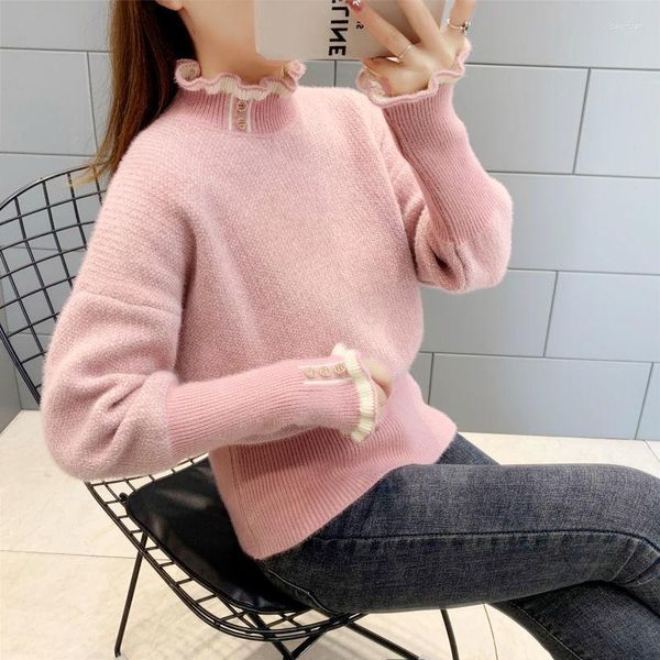 Damenpullover Rosa Beflockung Fell Pelziger Plüsch Frühlingspullover O-Kragen Warmer Pullover Frauen Mädchen Pull Slim Top Tuch Außenmantel