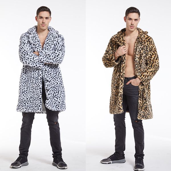 Casaco de pele masculino casaco de pele sintética com estampa de leopardo casaco longo com lapelas grandes
