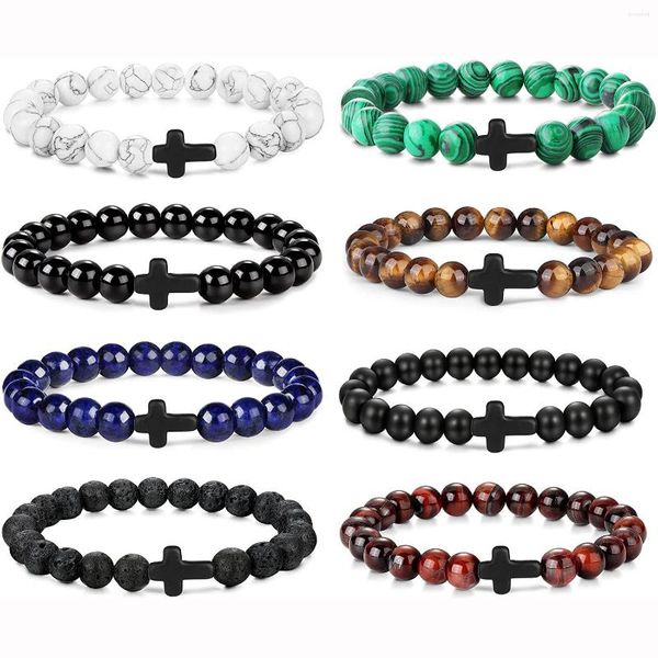 Charme Pulseiras JOYA GIFT8 Pcs Cross Bead para Mulheres Homens 8mm Stretch Elástico Conjunto Pedra PulseiraCrystal Chakra Gemstone Jóias