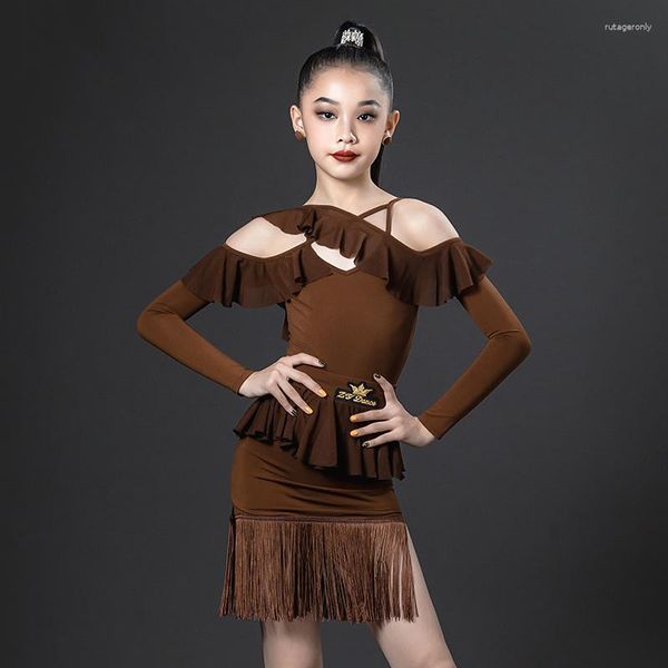 Stage Wear Bambini Marrone Off-Shoulder Nappa Abiti da spettacolo di danza latina Ragazze Sala da ballo Costume Gonna tuta VDB7168