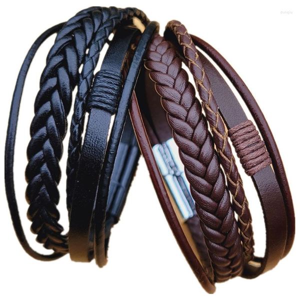 Pulseira Europeia e Americana Moda Jóias Corda de Couro Tecido Pulseira de Couro Masculino Fivela Magnética Atacado