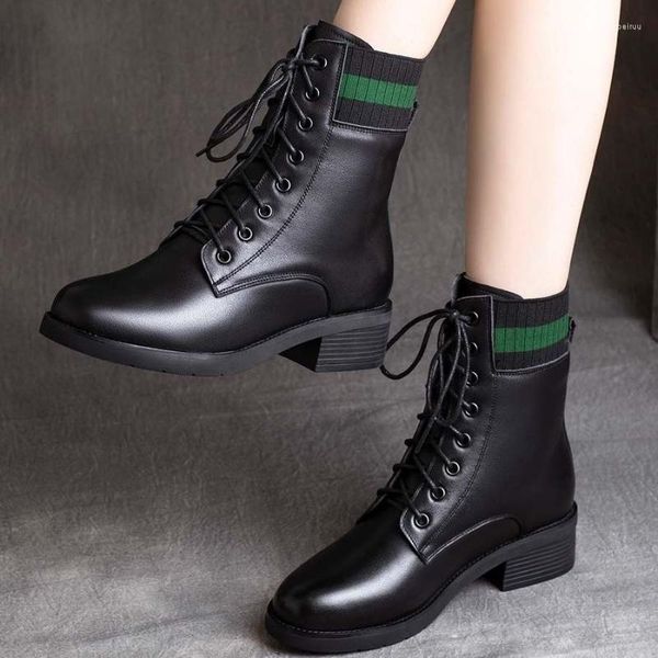 Botas femininas marton couro genuíno outono rendas motocicleta tornozelo senhoras estilo britânico sapatos botas mujer q359