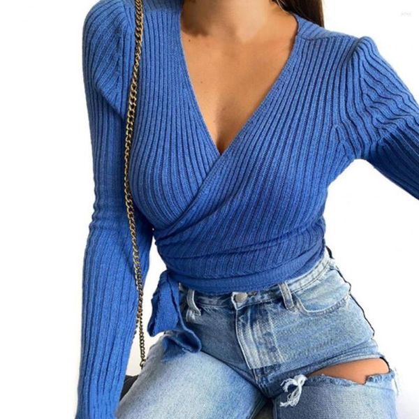 Frauenpullover Frauen Pullover Ribbing V-Ausschnitt Herbst Weibliche Sexy Wrap Bluse Tops Einfarbig Langarm Bandage Gestrickte Top Streetwear