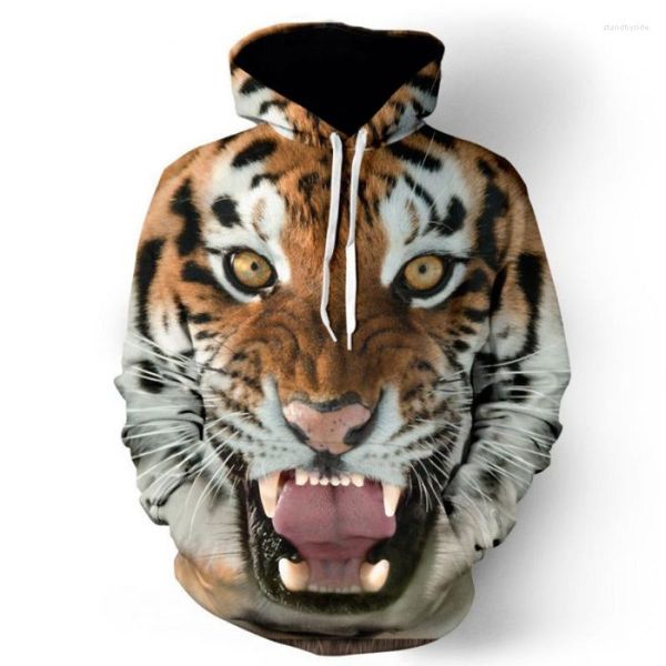 Hoodies masculinos 2023 outono/inverno 3D Tiger Animal Print com chapéu bolso pulôver suéter para moda