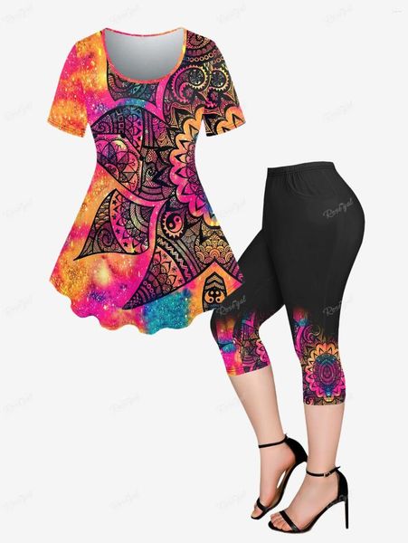Zweiteilige Damenhose, Übergröße, passendes Set, Batik-Glitzer-Paisley-bedrucktes T-Shirt oder Capri-Leggings mit Taschen, grafisches Oberteil, schmal, XS-6X