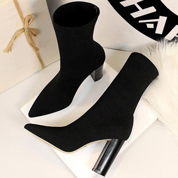 Botas 2023 Retro Feminino Quadrado Salto Ankle Boot Outono Mulheres Apontadas Toe Stretch Knitting Sock 9.5cm High Black Grey Shoes