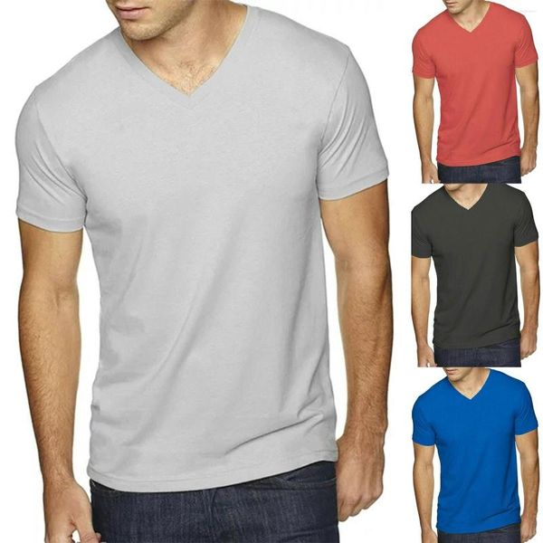 Herren-T-Shirts, mittelgroßes Herren-Shirt, modisch, Frühling/Sommer, lässig, kurzärmelig, V-Ausschnitt, einfarbig, Herren-Polyester-Spandex