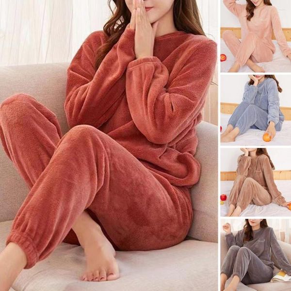 Mulheres sleepwear 2 pçs/set mulheres outono inverno veludo pijamas conjunto macio grosso pelúcia cor sólida solto top cintura elástica calças dormindo