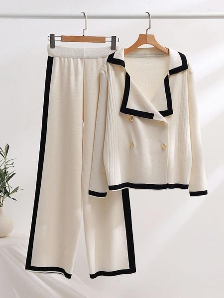 Calças femininas de duas peças elegante conjunto outono inverno moda camisola de malha cardigan jaqueta perna larga define roupas femininas