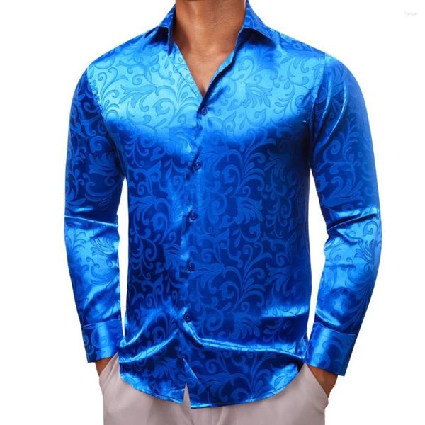 Camisas casuais masculinas luxo para homens seda cetim azul flor manga longa fino ajuste masculino blusas trun down colarinho tops roupas respiráveis