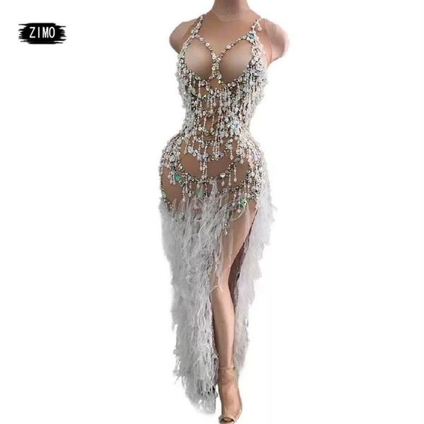 Casual Kleider Perle Quaste Mesh Langes Kleid Frauen Sänger Prom Geburtstag Feier Hohe Split Abend Party Kristall Perspektive We213Y