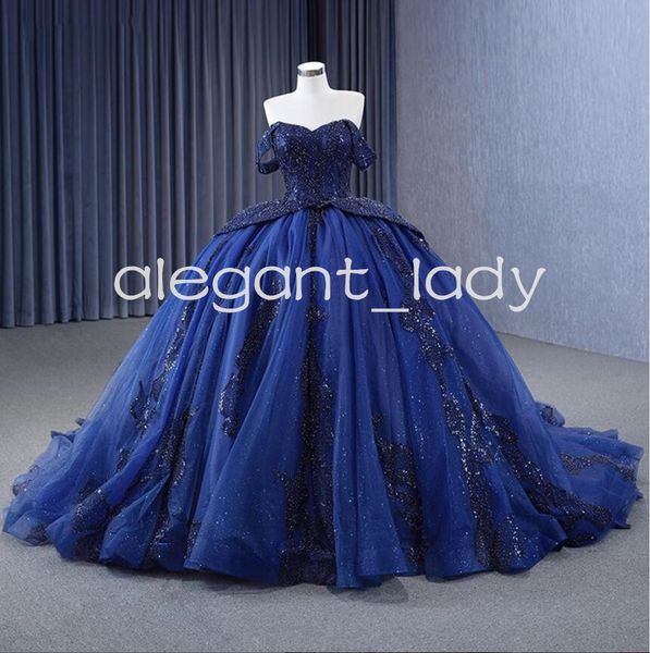 Azul marinho princesa quinceanera vestidos 2024 brilhante cristal lantejoulas fora do ombro espartilho vestidos de 15 anos sencilos baile