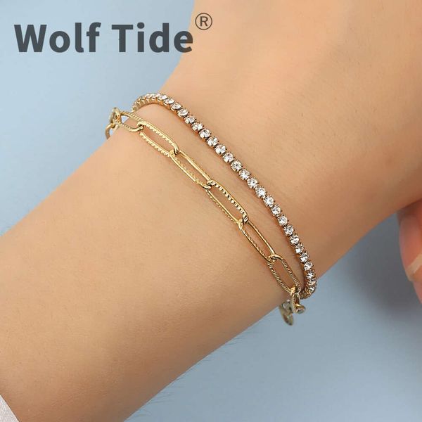 Pulseira de corrente de tênis de camada dupla nova Fashiom 18K ouro diamante em relevo conjunto de pulseiras e pulseiras femininas ajustáveis para mulheres, mães, senhoras, joias boho