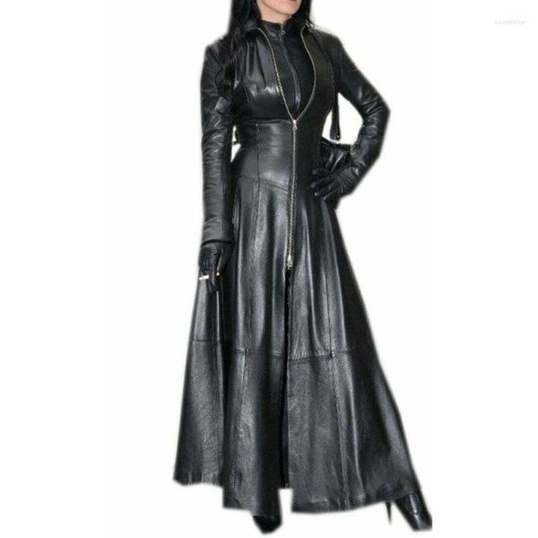 Trench maschile per trend da donna in pelle nera punk gotico lungo tendenza della moda europea e americana