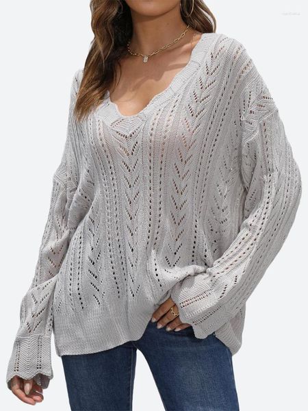 Женские свитера Benuynffy с глубоким V-образным вырезом, осень 2023, с открытыми плечами и длинными рукавами, вязаный пуловер большого размера, джемперы, топы