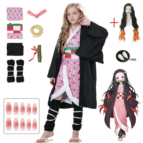 Kamado Nezuko Costume Cosplay Anime Demon Slayers Kimono Kimetsu No Yaiba Kamado Nezuko Costume Parrucca Uniforme Halloween Donna Kidscosplay