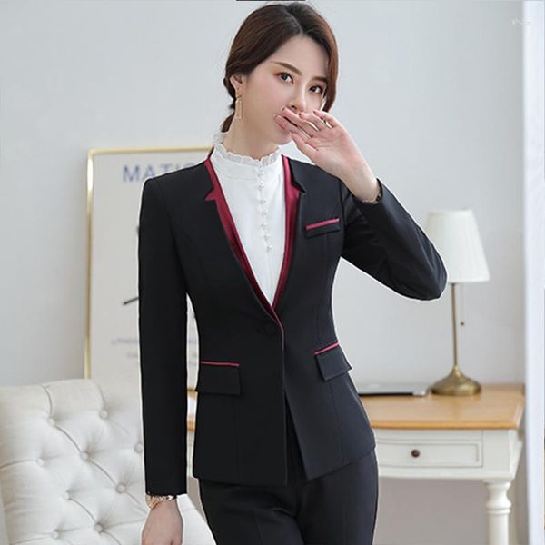 Женские брюки из двух предметов IZICFLY, осенне-весенний тонкий женский костюм с брюками, комплект униформы, женский элегантный деловой пиджак и брюки черного цвета