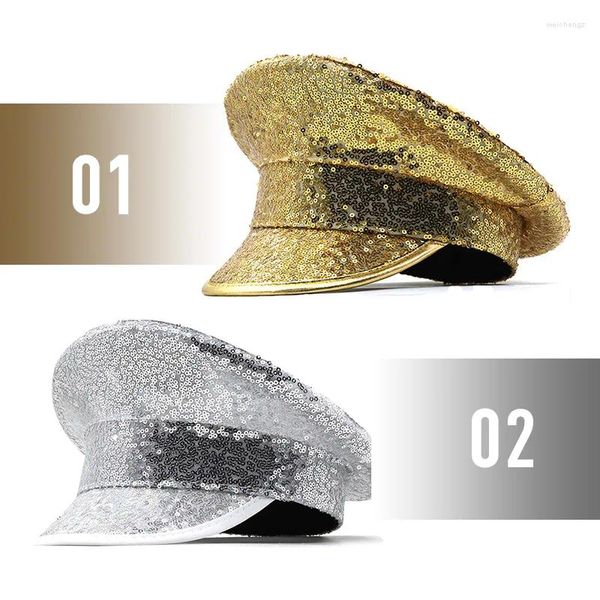 Berets ouro prata lantejoulas chapéu adulto steampunk cortical boné plano militar chapéus rock night club festa dança rave goth bonés cosplay