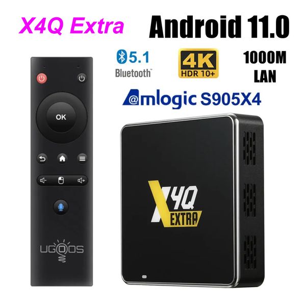 Ugoos x4q extra lpddr4 4gb 128gb caixa de tv android 11 winevine l1 amlogic s905x4 1000m bt 4k google voz 2g 16g 32g x4q cubo pro