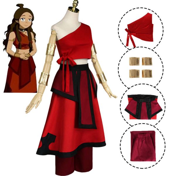 Anime avatar o último airbender cosplay katara nação de fogo cosplay traje uniforme vermelho adulto feminino halloween carnaval roupascosplay