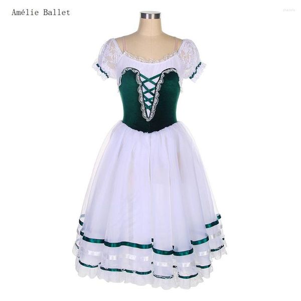 Bühnenkleidung 22024 Kurze Ärmel Romantisches langes Ballett-Tutu Grünes Samtmieder mit weichem Tüllrock für Frauen Mädchen Kleid