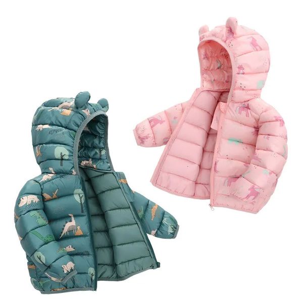 Куртки для маленьких мальчиков и девочек, пуховые пальто с длинными рукавами, мультяшный принт динозавра, 15 лет, детская верхняя одежда на молнии с капюшоном, весна-осень 231007