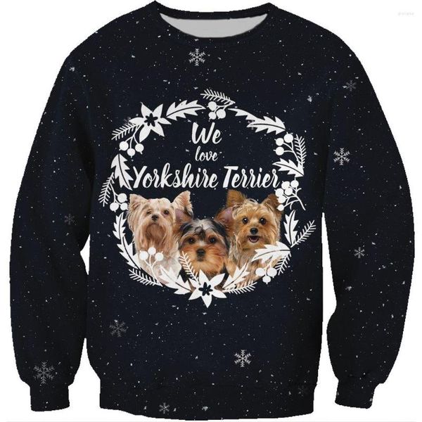 Sweats à capuche pour hommes Sweat-shirt imprimé en 3D Cadeau de Noël YorkshireTerrier Chiens Pull Unisexe Noël à manches longues Col rond En gros