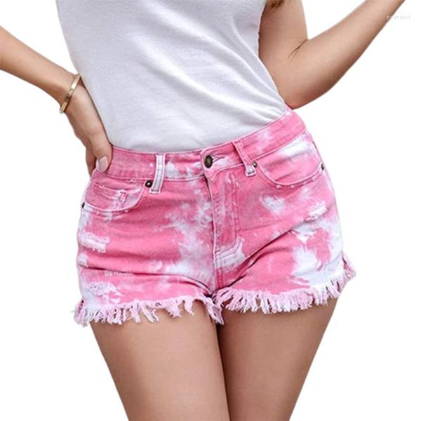 Shorts femininos estilo doce colorido tie-dye denim moda feminina borla reta três quartos calças streetwear feminino jeans de 3 pontos